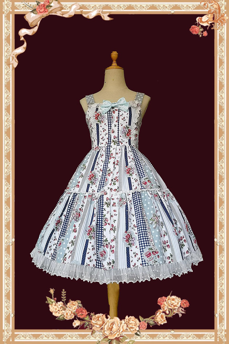 Light Blue Strawberry Plaid Print Bowknot Sleeveless Ruffle Sweet Lolita Dress - Product - 6