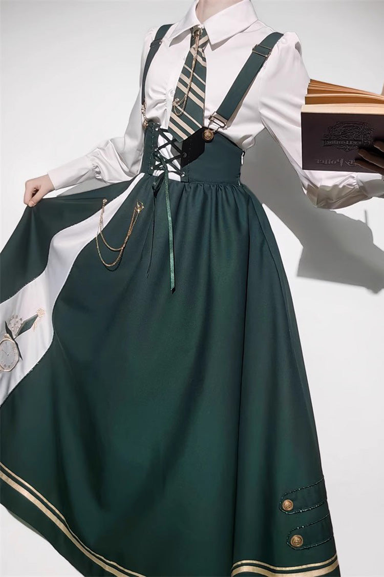 Green Time Traveler Print College Style Sweet Lolita Strap Dress 4 Piece Set - Product - 9