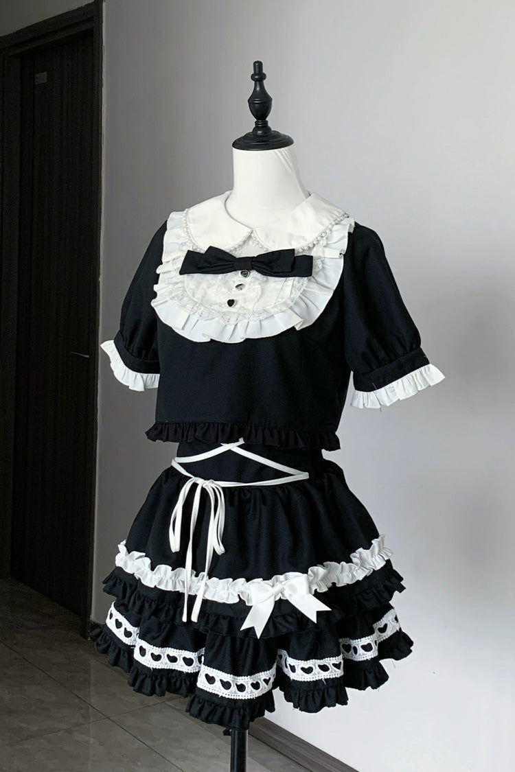 ブラック [Starry Tulle] 丸襟 半袖 二層 フリル リボン ゴシック 地雷系 和風 スカートセット 商品画像