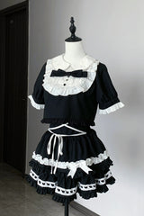 Black [Starry Tulle] Doll Collar Short Sleeves Double-Layered Ruffled Bow Gothic Jirai Kei Japanese Skirt Set - Black(Set) - 1