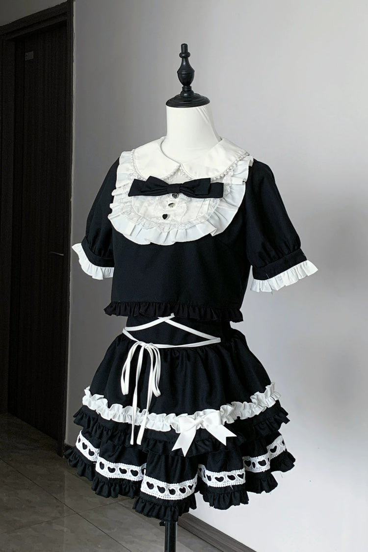 Black [Starry Tulle] Doll Collar Short Sleeves Double-Layered Ruffled Bow Gothic Jirai Kei Japanese Skirt Set - Black(Set) - 1