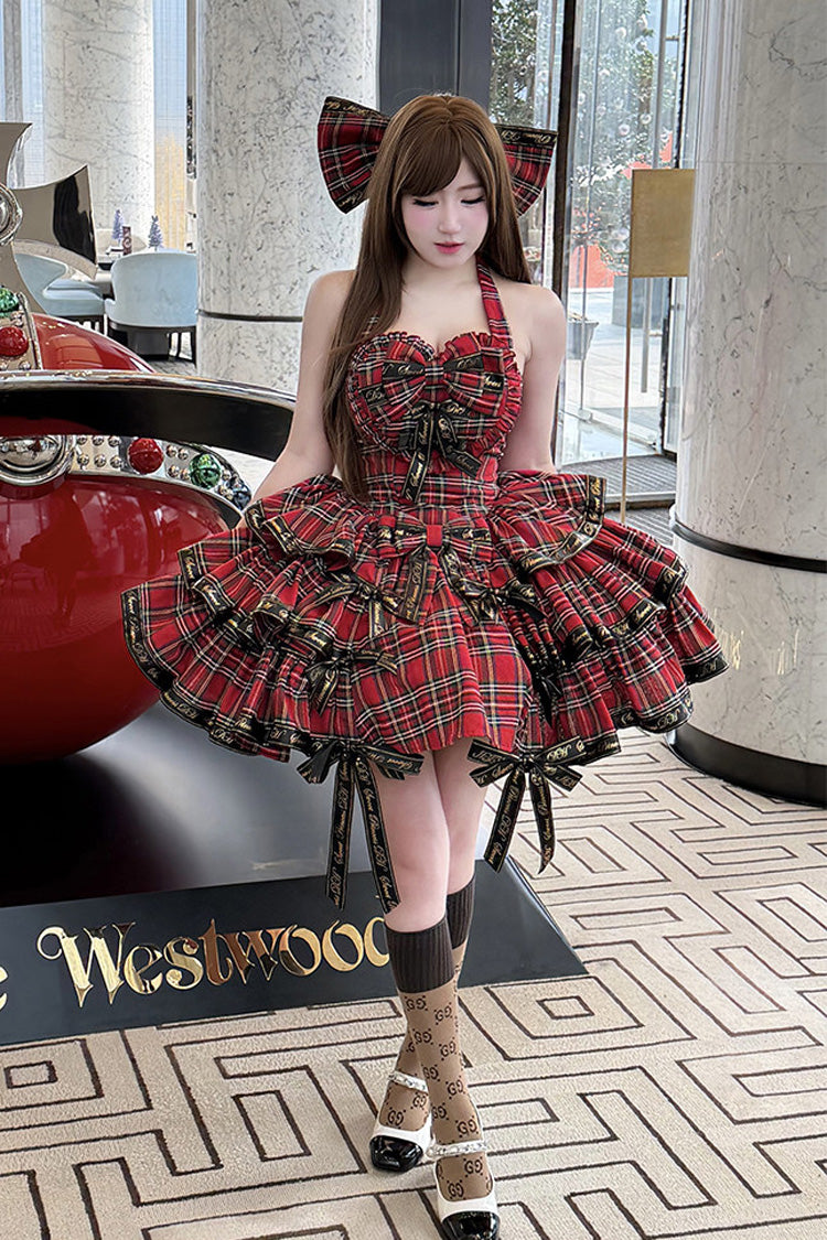 Red [Rock Kitty] Sleeveless Triple-Layered Printed Ruffled Bow Gothic Lolita Jsk Dress - Product - 5