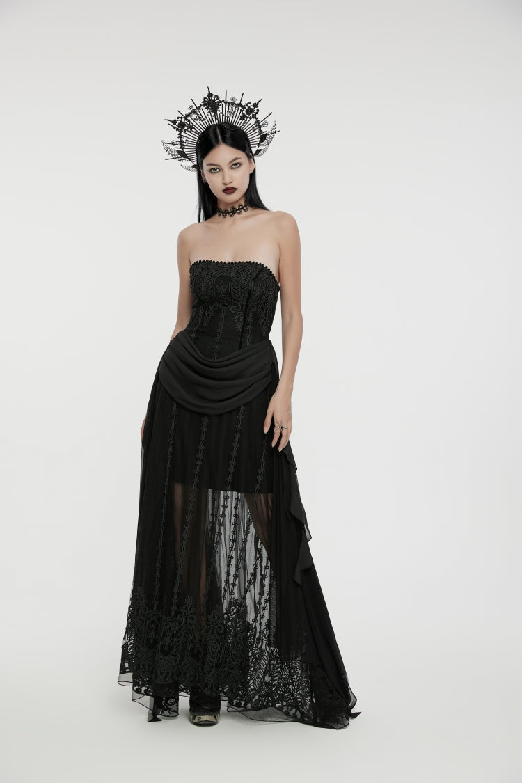 Black Off Shoulder Sleeveless Spliced Lace-Up Slim Pleated Women's Gothic Corset  Chiffon Strapless Dress - Product - 6