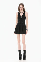 Black Cross Plunging Sleeveless Side Corset Lace-Up Women's Gothic Short Dress - Product - 9