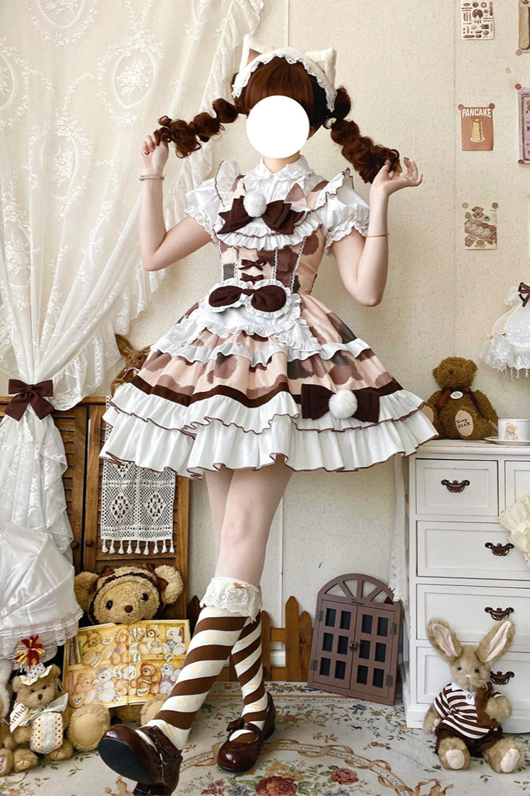 Brown [Calico Cat] Sleeveless Triple-Layered Printed Ruffled Bow Plush Sweet Lolita Jsk Dress - Product - 4