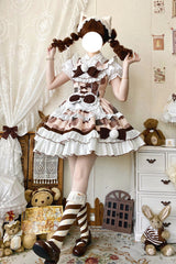 Brown [Calico Cat] Sleeveless Triple-Layered Printed Ruffled Bow Plush Sweet Lolita Jsk Dress - Product - 4