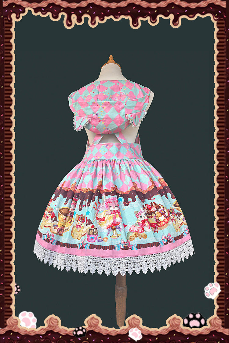 [Cream Meow] Sleeveless Print Bowknot Hooded Sweet Lolita Strap Dress 3 Colors - Product - 10
