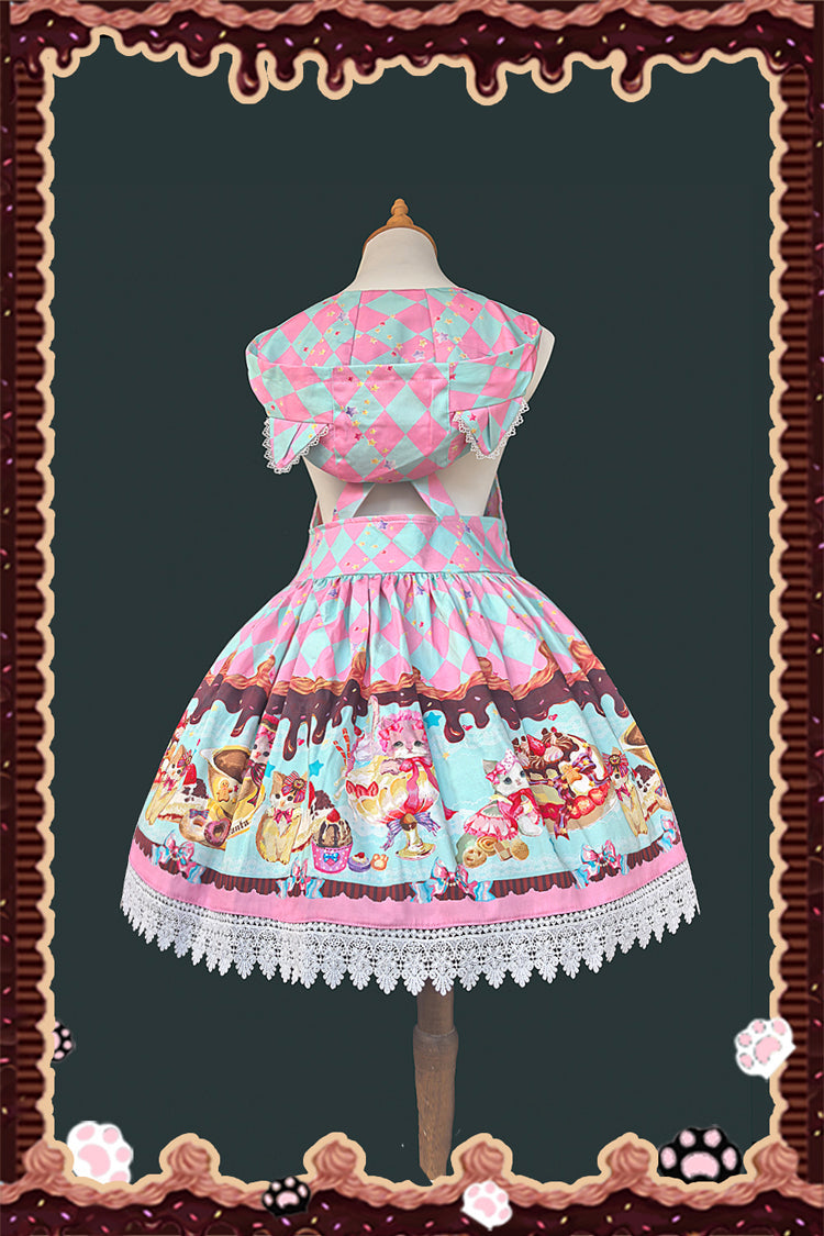 [Cream Meow] Sleeveless Print Bowknot Hooded Sweet Lolita Strap Dress 3 Colors - Product - 10
