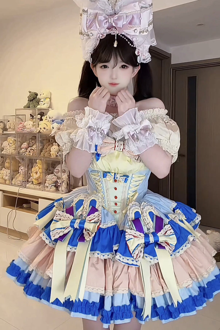 Multi-Color [Candy Paper Ribbon × Sleepy Bunny Doll Shop] Sleeveless Multi-Layered Ruffled Bow Lace-Up Sweet Ballet Lolita Dress - Product - 5