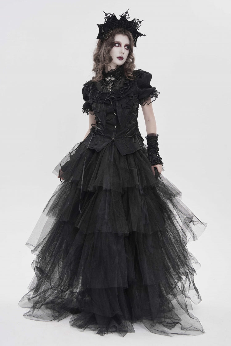 Black Stand Collar Short Sleeves Embroidered Lace Lace-Up Slim Pleated Women's Gothic Palace Blouse - Product - 5