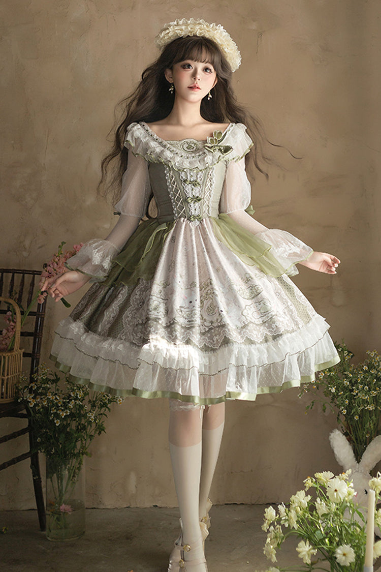 Green [Teacup Rabbit Little Fresh] Print Ruffle Bowknot Lace Lace-Up Sweet Lolita OP Dress - Product - 10