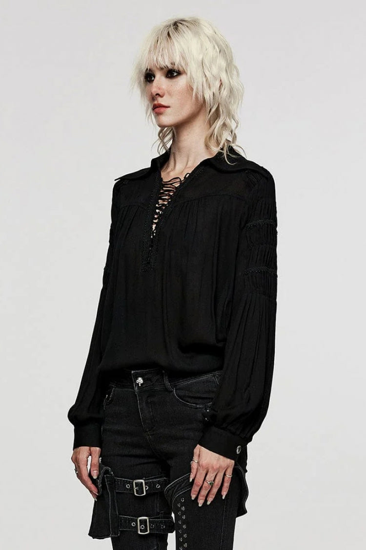 Women's Turn-down Collar Long Sleeves Lace Ruched Gothic Blouse 2 Colors - Product - 11