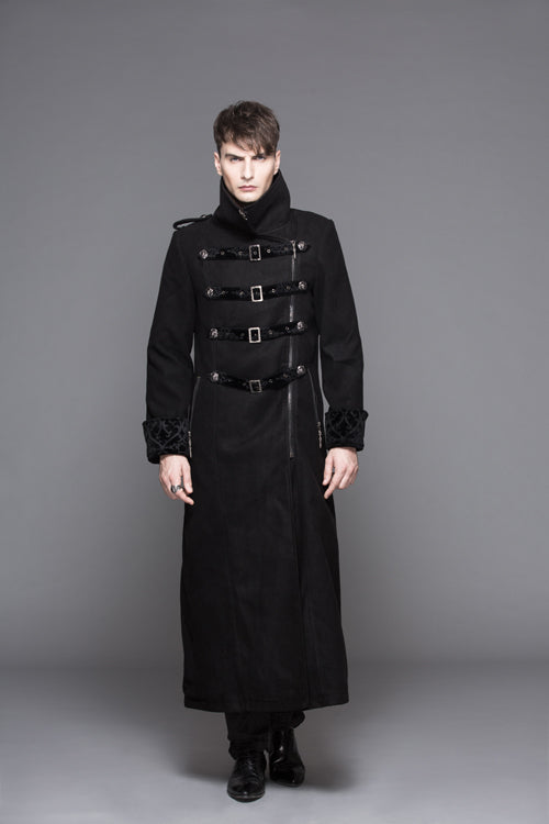 Black Detachable One Sided Shawl Double Sided Woollen Thick Mens Punk Long Coat - Product - 6