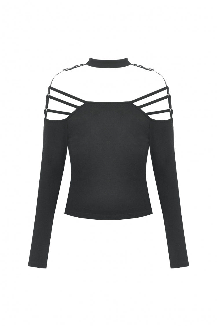 Black Off Shoulder Long Sleeves Cut-Out Buckled Women's Punk Blouse - Product - 3