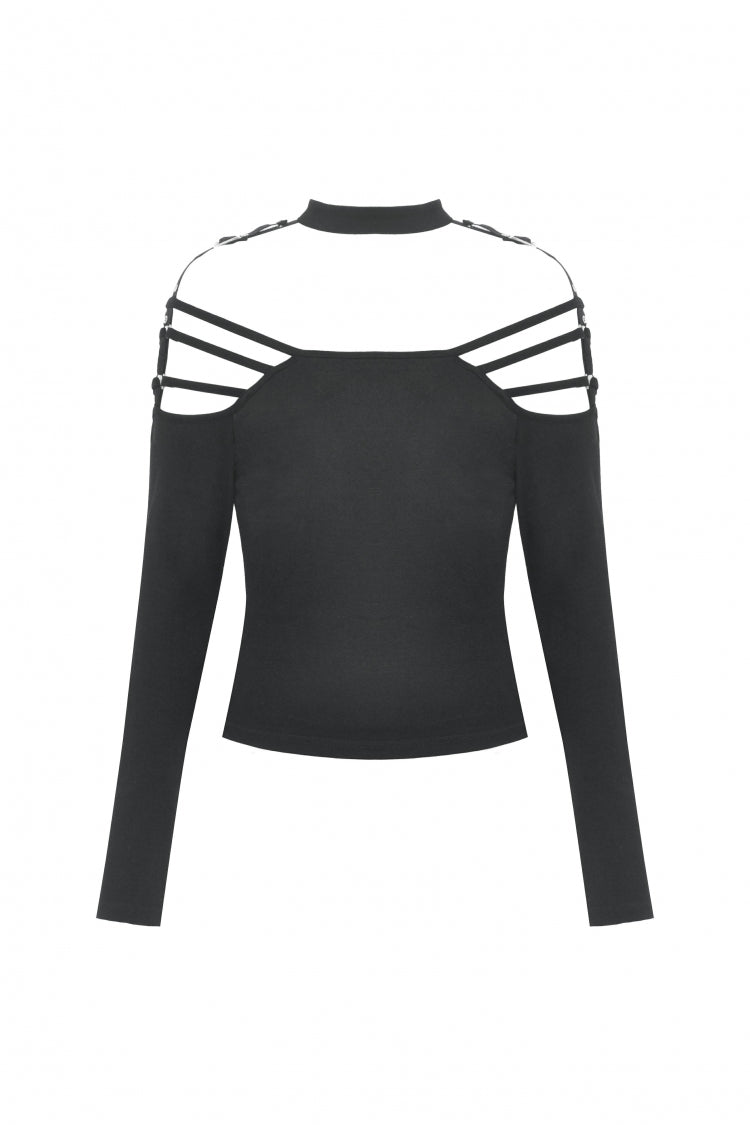 Black Off Shoulder Long Sleeves Cut-Out Buckled Women's Punk Blouse - Product - 3