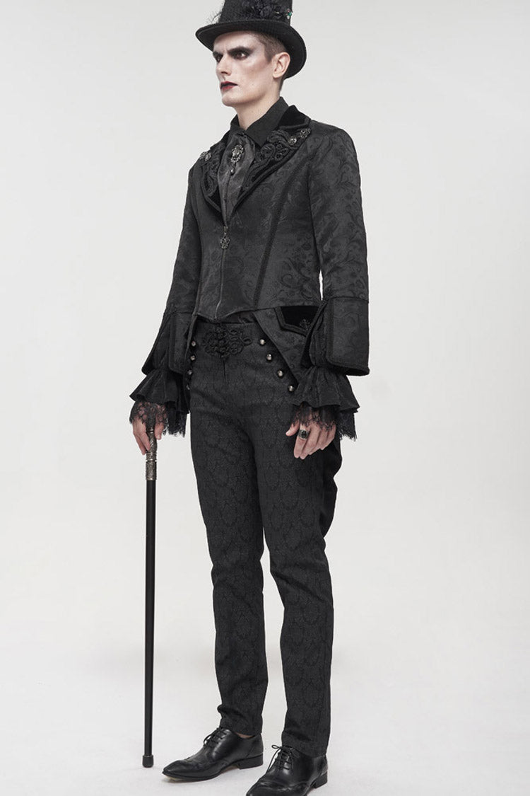 Black Gothic Embroidered Print Pattern Metal Pattern Buckle Decoration Trumpet Sleeve Men's Swallowtail Coat - Product - 8