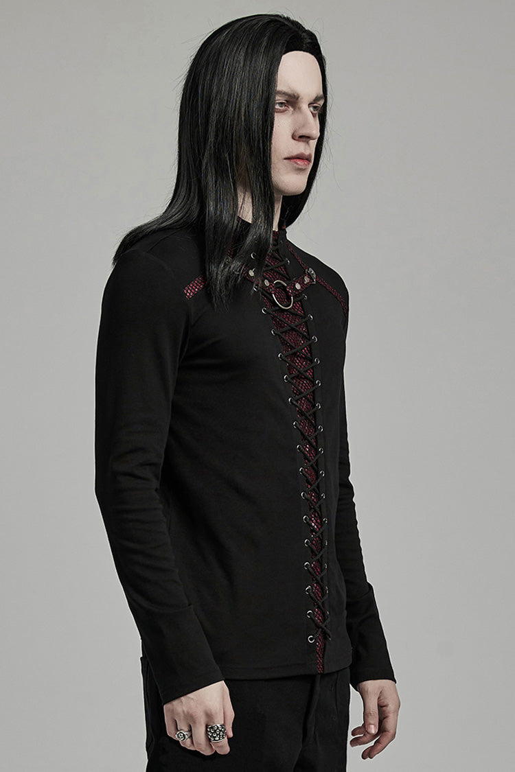 Black/Red Long Sleeves Stitching Lace-Up Ripped Men's Punk Blouse - Product - 2