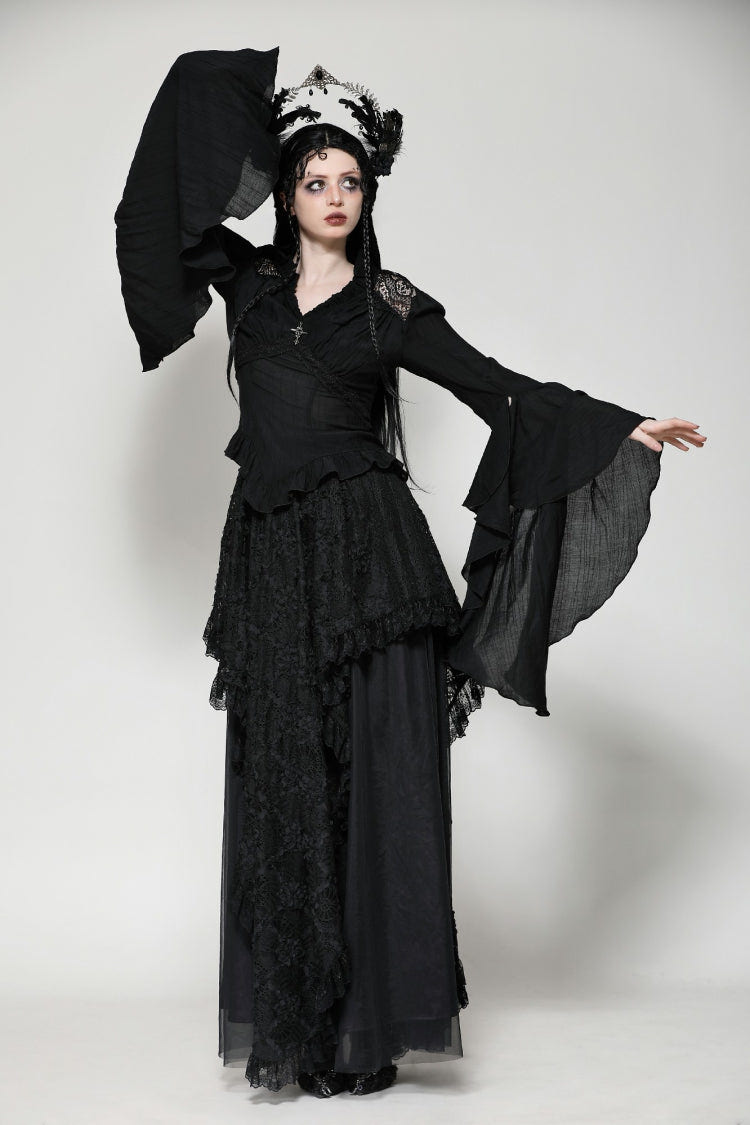 Black Ruffled V Collar Cross Ornament Long Trumpet Sleeves Pleated Women's Gothic Top - Product - 7