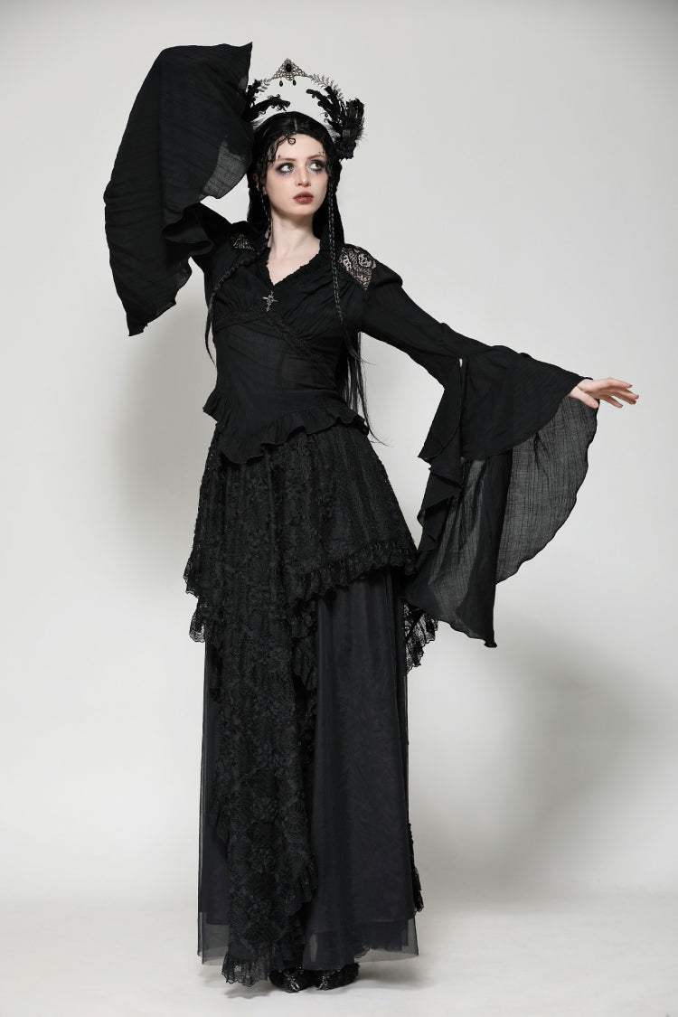 Black Ruffled V Collar Cross Ornament Long Trumpet Sleeves Pleated Women's Gothic Top - Product - 7