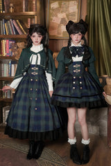 Blue/Green [Berlin's letter] Double-Layered Plaid Print Ruffle Bowknot Classic College Style Lolita Strap Dress Set 2 Versions - Product - 12
