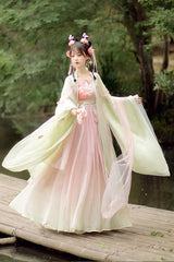 Original Chinese Han Elements Ancient Double Layer Long Sleeves Sweet Hanfu Dress Full Set - Pink - 8