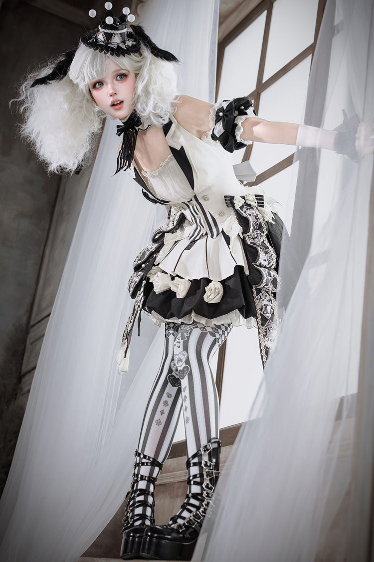 Black/White [Candy Cane] Sleeveless Printed Ruffled Bow Gothic Lolita Skirt Full Set - Product - 10