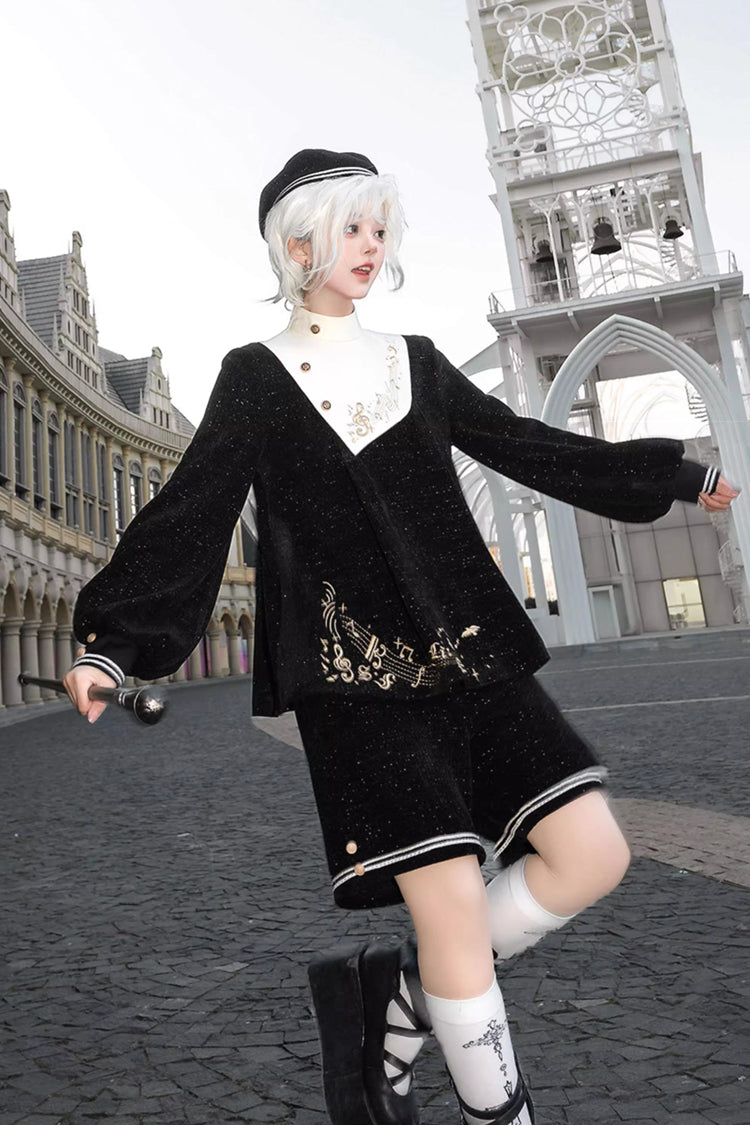 Black [Song Of Tomorrow] Long Sleeves Embroidery Asymmetric Gothic College Style Ouji Lolita Full Set - Product - 5