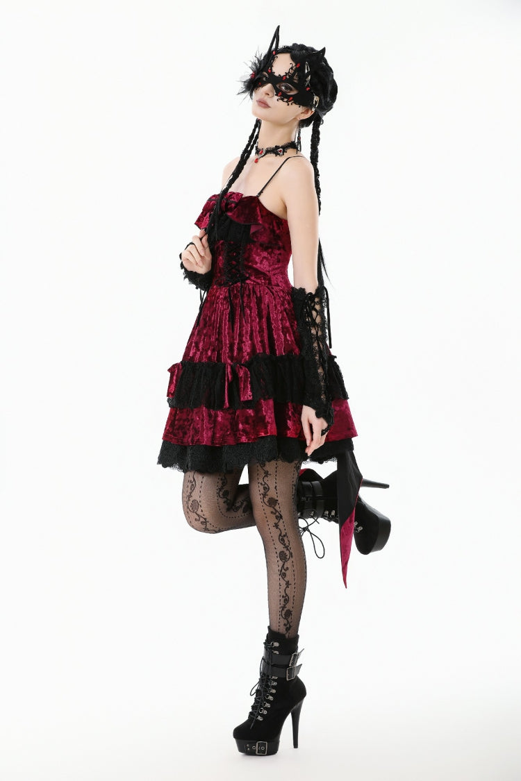 Wine Red Corset Lace-Up Velvet Irregular Pointed Tail Women's Lolita Gothic Cami Mini Dress - Product - 2