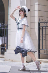 White [Seaside Sweetheart] Chiffon Navy Collar Short Sleeves Ruffled Lace-Up Slim Sailor Sweet Lolita Dress - Product - 6