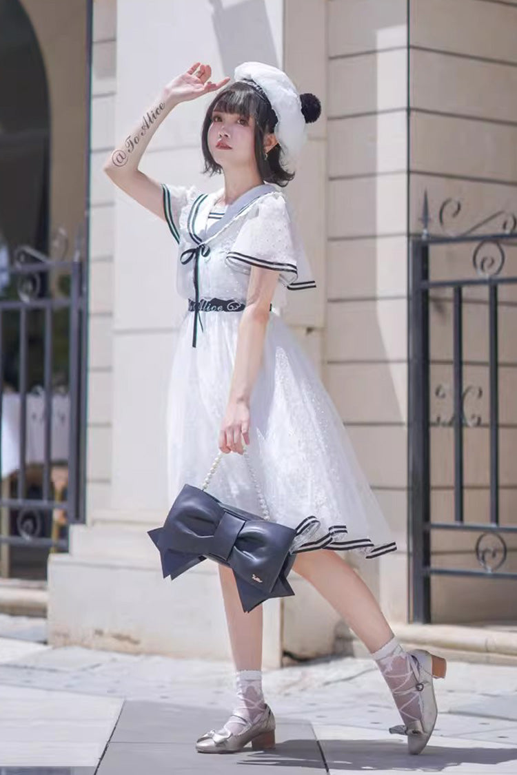 White [Seaside Sweetheart] Chiffon Navy Collar Short Sleeves Ruffled Lace-Up Slim Sailor Sweet Lolita Dress - Product - 6