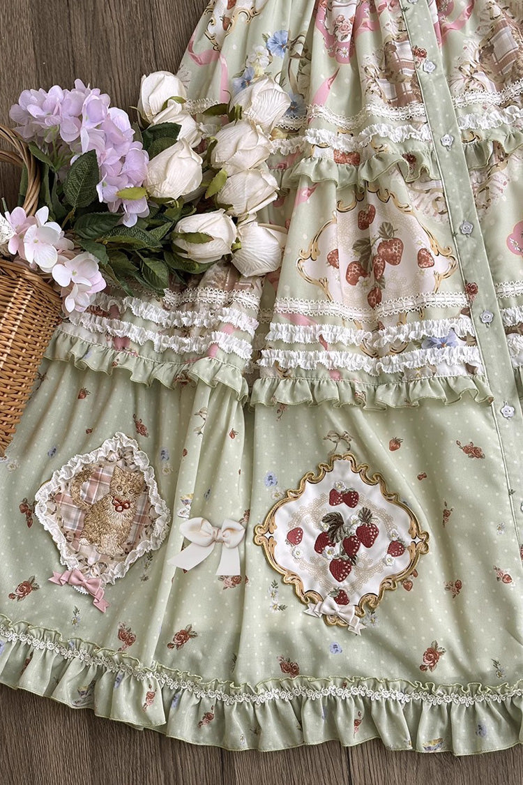 Green [Cat Rose Tea] Print Ruffle Sweet Gorgeous Lolita Skirt - Product - 7