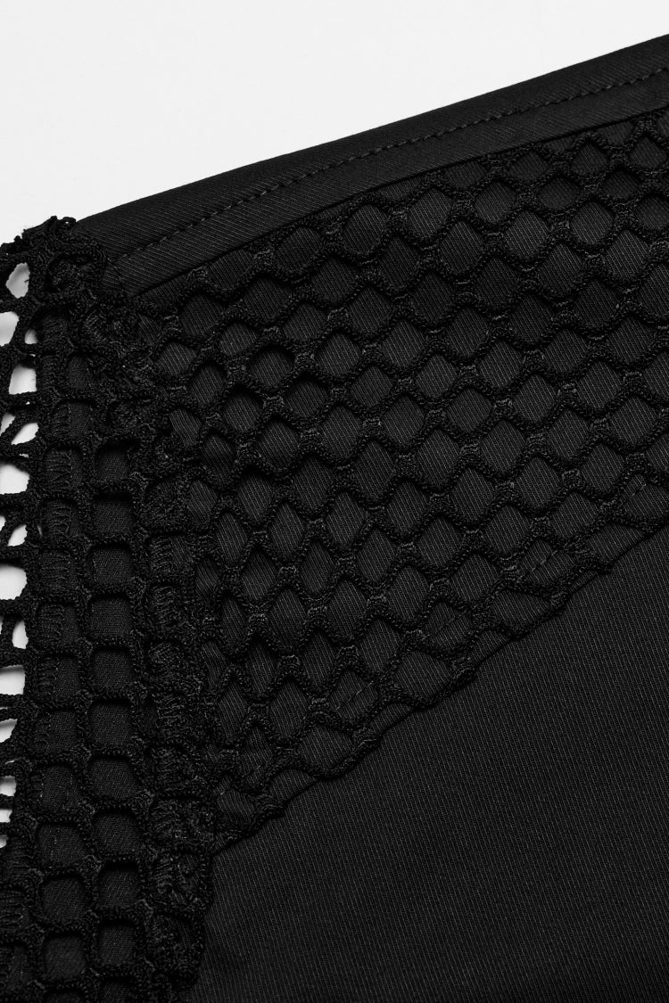 Black Lapel Collar Short Sleeves Mesh Stitching Men's Punk Blouse - Product - 8
