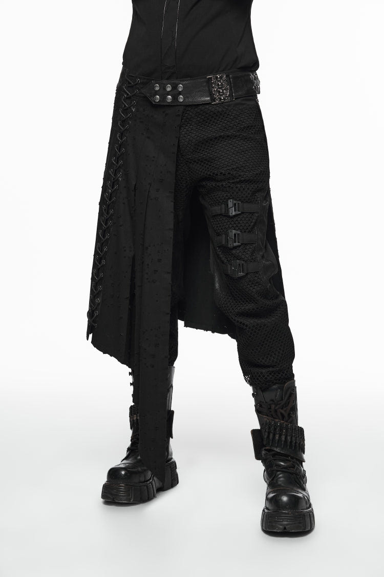 Black Lace-Up Irregular Ripped Men's Punk Skirt - Product - 10
