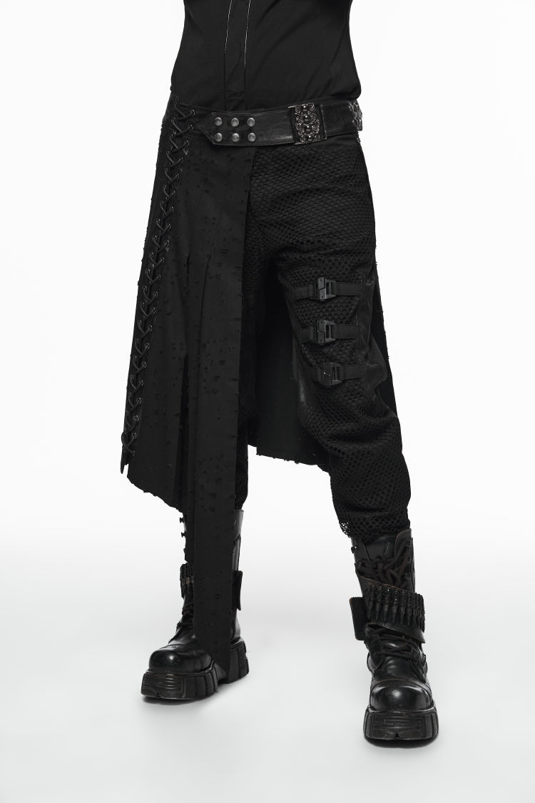 Black Lace-Up Irregular Ripped Men's Punk Skirt - Product - 10