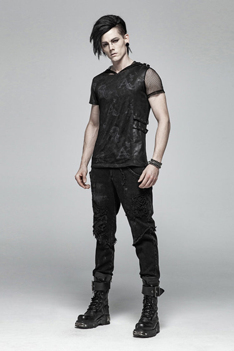 Black Ripped Men's Steampunk Straight-Leg Jeans Pants - Product - 4