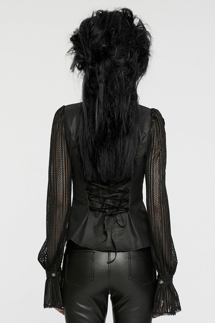 Black Stand Collar Stitching Mesh Women's Punk Blouse - Product - 3
