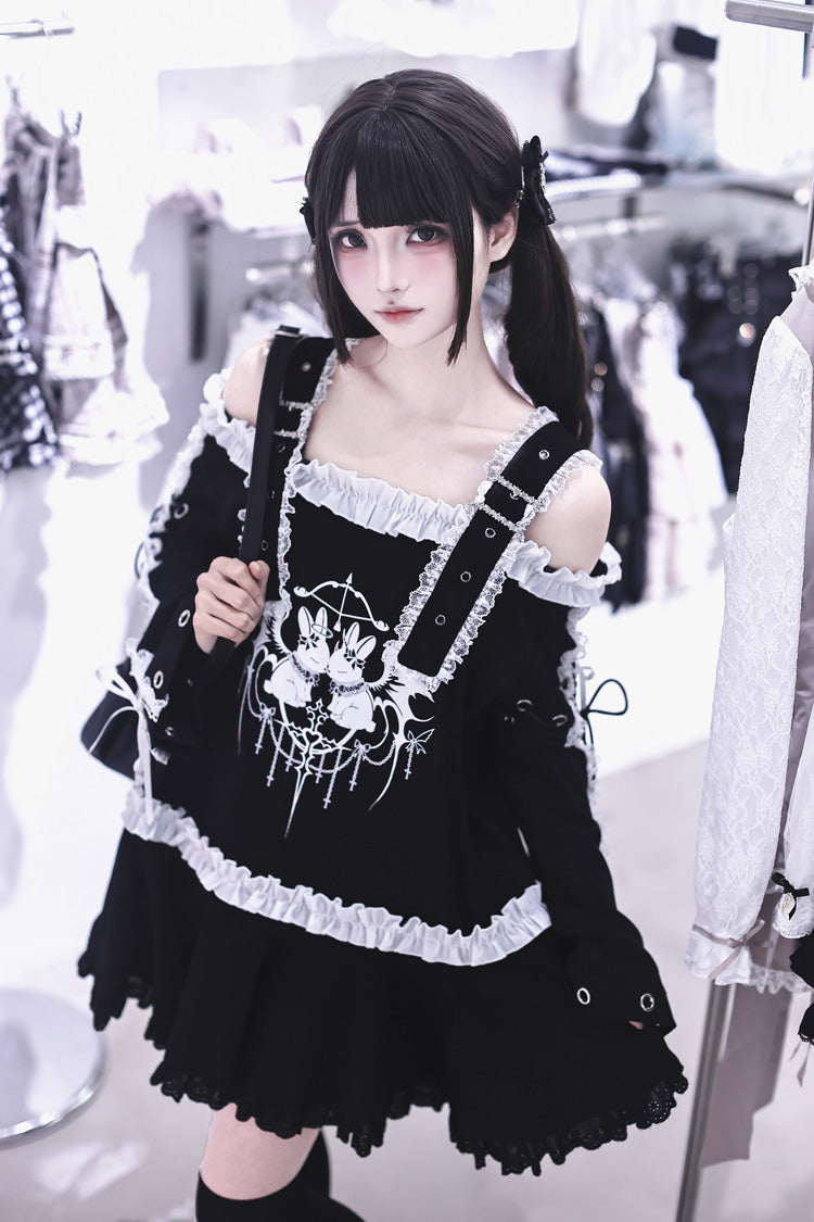 Black [Bandage Bunny] Off Shoulder Long Sleeves Ruffled Embroidered Bow Lace Punk Jirai Kei Japanese Dress - Product - 3