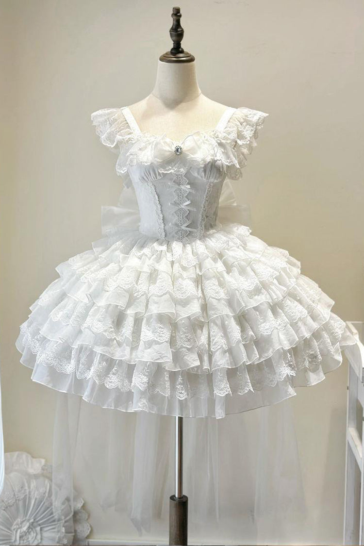 White [From Broken Wings to Rebirth] Sleeveless Multi-Layered Ruffle Bowknot Lace-Up Gothic Ballet Lolita Jsk Dress - White - 1