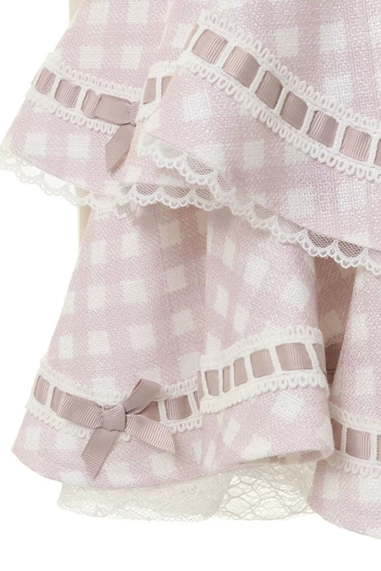 Sweet Multi-Layered Plaid Printed Ruffled Bow Lace-Up Jirai Kei Plus Size Japanese College Style Skirt 3 Colors - Product - 13
