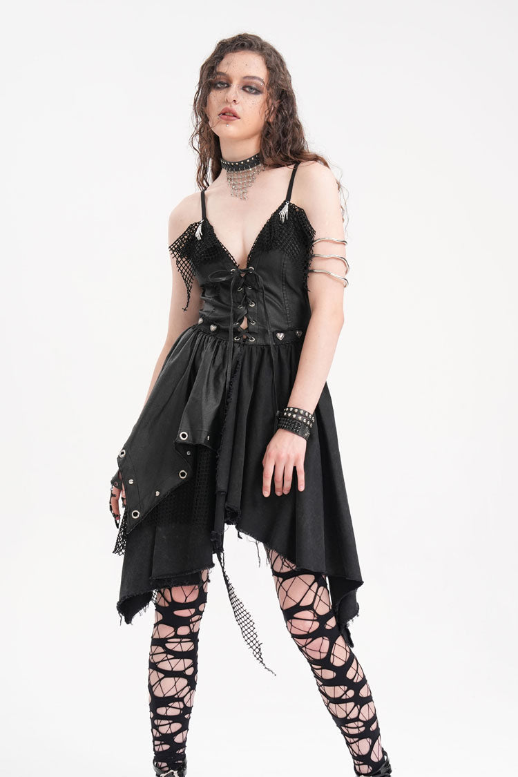 Black Sleeveless Lace Irregular Mesh Women's Gothic Slip Dress - Product - 10