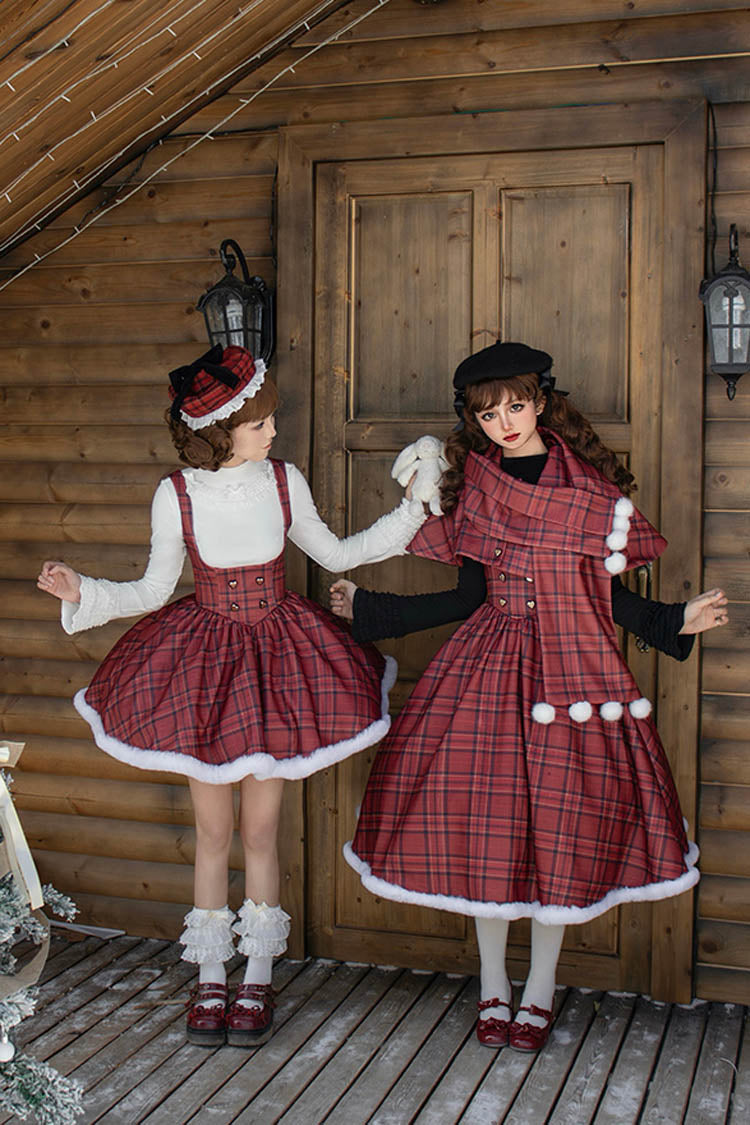 Red Striped Plaid Print Fall Winter Fishbone Sweet Corset Lolita Dress 2 Versions - Product - 15