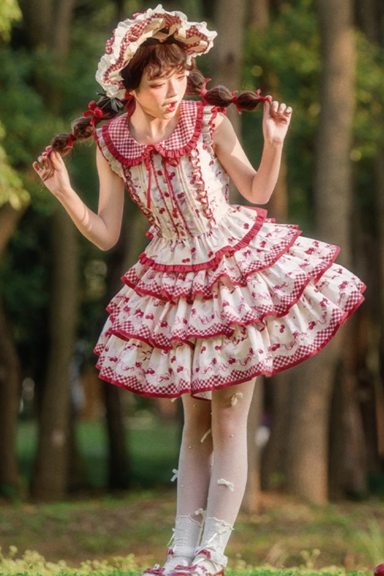 Red Triple-Layered [Cherries Are Ripe] Print Ruffle Sweet Lolita Skirt Set - Product - 12