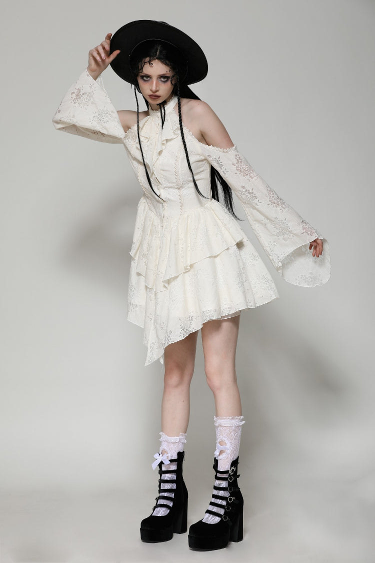 Beige Halter Off Shoulder Lapel Collar Long Flare Sleeves Lace-Up Women's Steampunk Dress - Product - 8