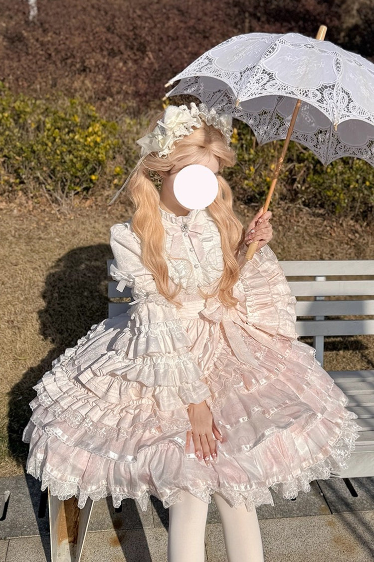 Pink [The Soloist Doll] Long Hime Sleeves Multi-Layered Print Ruffle Bowknot Asymmetric Sweet Lolita Dress - Product - 12