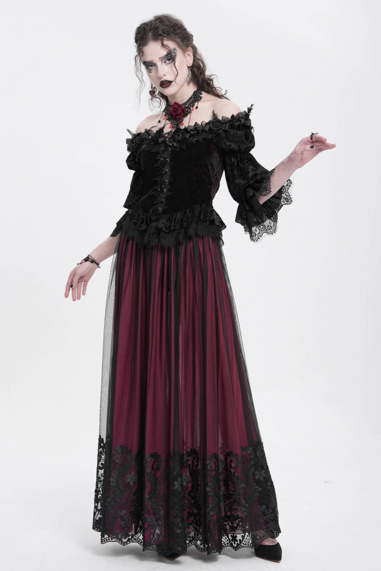 Red Stitching Floral Mesh Women's Gothic Skirt - Product - 5