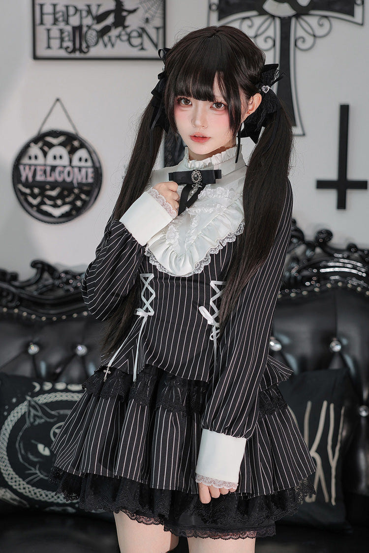 [Doki!] Stand Collar Long Sleeves Printed Ruffled Lace-Up Sweet Cool Lolita Dress 2 Colors(Black, Grey) - Product - 16