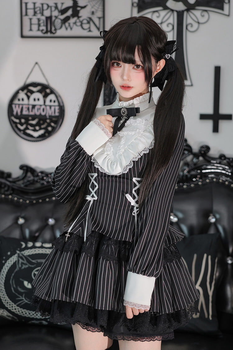 [Doki!] Stand Collar Long Sleeves Printed Ruffled Lace-Up Sweet Cool Lolita Dress 2 Colors(Black, Grey) - Product - 16