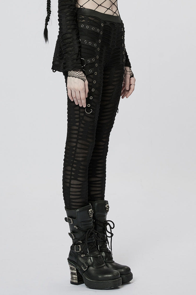 Slim Ripped Tie-dyed Metal Loop Women's Steampunk Leggings 2 Colors - Product - 10