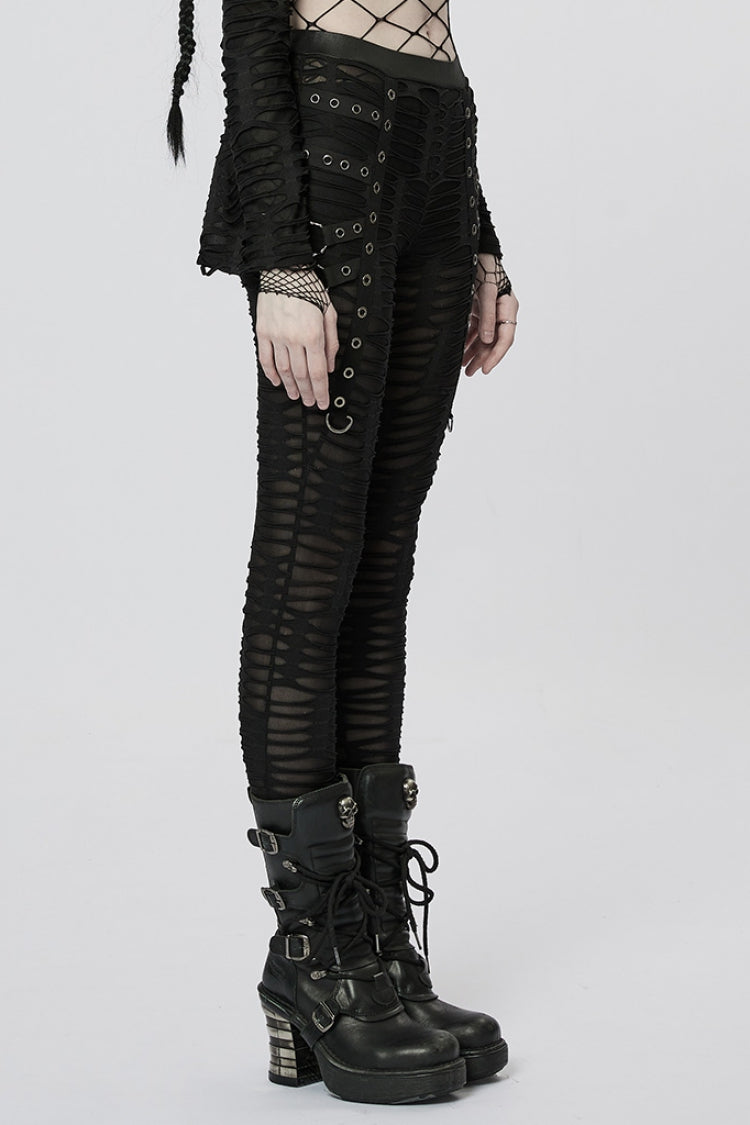 Slim Ripped Tie-dyed Metal Loop Women's Steampunk Leggings 2 Colors - Product - 10