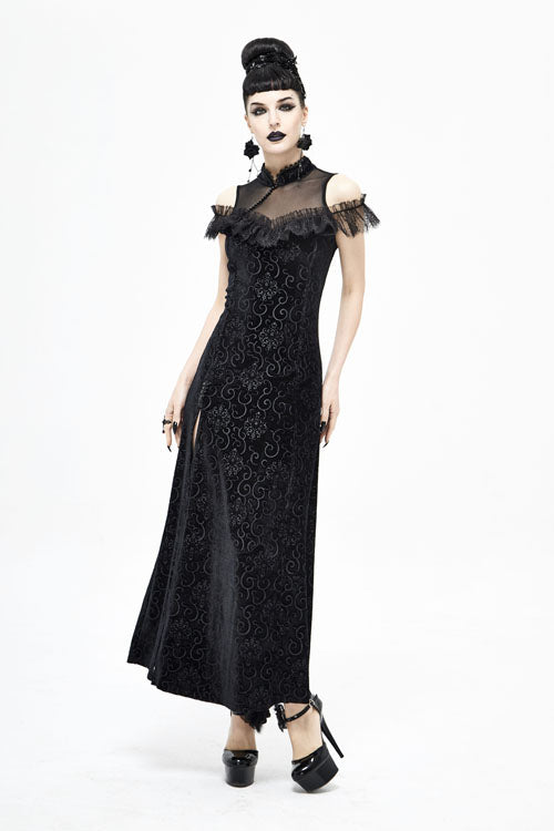 Black Cheongsam Velvet Three Dimensional Print Gothic Dress - Product - 3